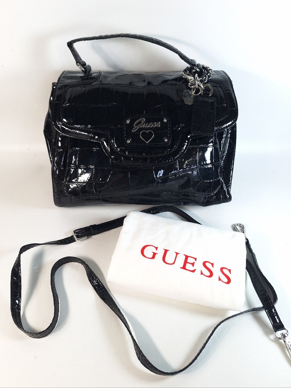Guess Black Patent RetroCroc Croc-Embossed Top-Handle Bag Removable Strap